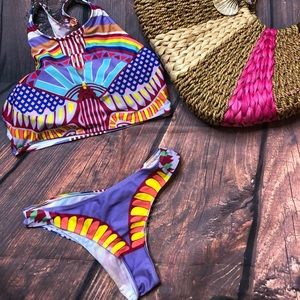 two-piece bathing suit rainbow colors